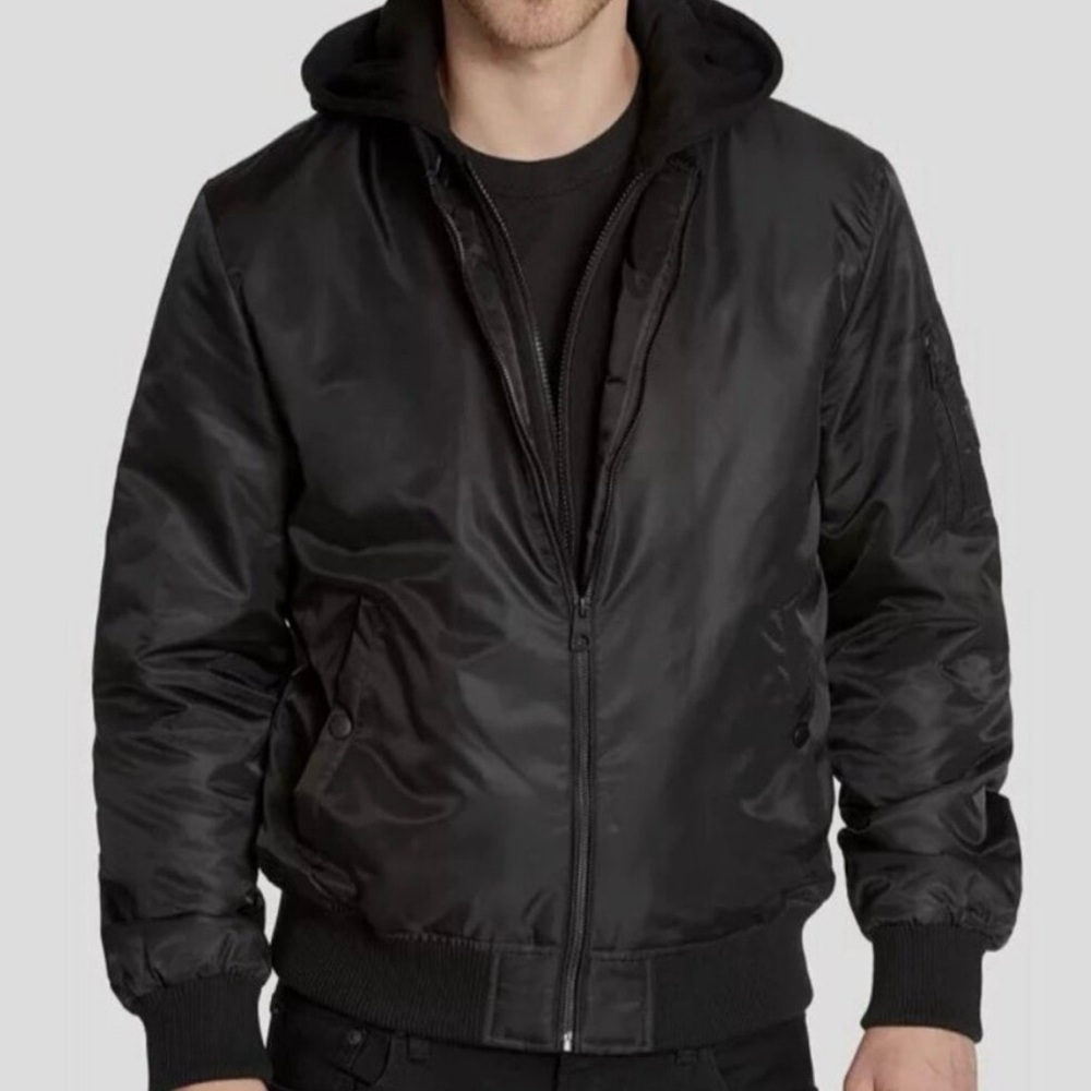 GUESS Men’s Black Bomber Jacket w/ Removable Hoodie Size L
